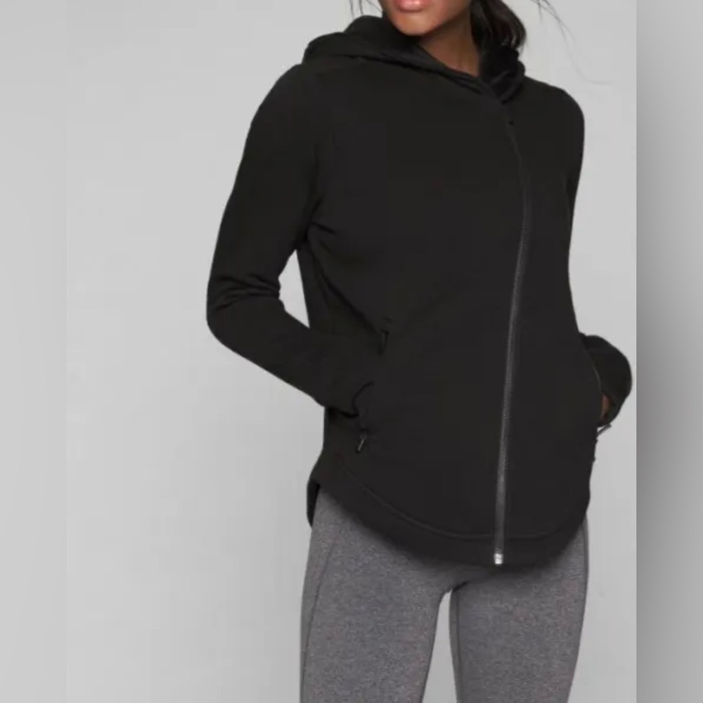 Athleta Black Off Center Easy Cozy Karma Fleece Zip Front Jacket, Size M